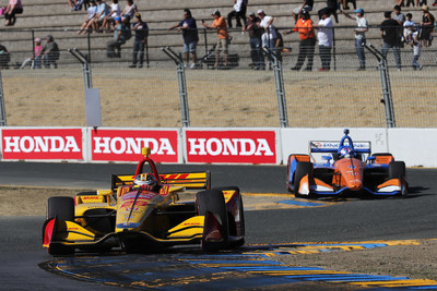 Ryan Hunter-Reay, #28, took his Honda to victory Sunday at the INDYCAR Grand Prix of Sonoma.  Scott Dixon, #9, finished second to clinch his record-tying fifth drivers' championship.  Honda claimed its seventh Manufacturers' Championship with 11 victories from 17 races this season.