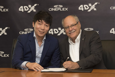 Brandon Choi, Chief Executive Officer, CJ 4DPLEX America (pictured left) and Ellis Jacob, President and Chief Executive Officer, Cineplex (pictured right) sign a new agreement that will bring the 4DX experience to as many as 13 additional Cineplex locations across Canada over the coming years. (CNW Group/Cineplex)