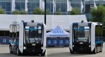 Two autonomous Olli shuttles on display at ITS World Congress in Copenhagen, Denmark. 