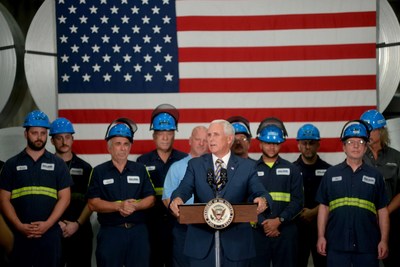 Vice President Mike Pence speaks to Mill Steel Company associates at the steel service center's headquarters in Grand Rapids, MI.