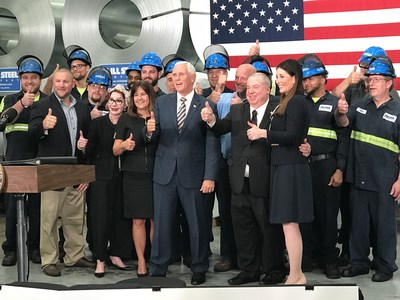 Vice President Mike Pence and Second Lady Karen Pence alongside Mill Steel CEO David Samrick and wife Susan Samrick, Mill Steel President Pam Heglund, and Mill Steel associates.