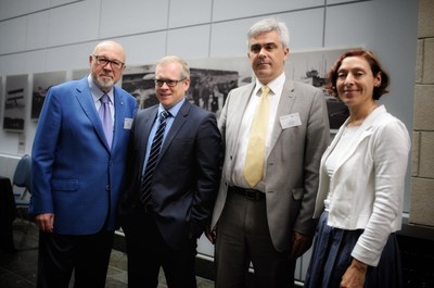 From left to right, Jean-Marc Eustache, President and Chief Executive Officer, Transat, Brian Myles, Director, Le Devoir, Christophe Hennebelle, Vice President, Human Ressources and Corporate Affairs, Transat, Odette Trottier, Director, Communications and Corporate Affairs, Transat (CNW Group/Le Devoir)
