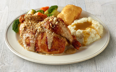 Roasted Garlic & Herb Rotisserie Chicken features Boston Market's signature rotisserie chicken, which is topped with herbs, parmesan cheese and a light garlic cream sauce sprinkled with a toasted herb crunch.