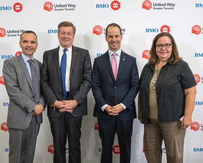 Daniele Zanotti, President and CEO, United Way Greater Toronto; John Tory, Mayor of Toronto; Darryl White, Chief Executive Officer, BMO Financial Group; Axelle Janczur, Executive Director, Access Alliance (CNW Group/BMO Financial Group)
