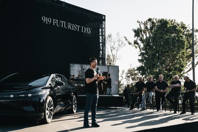 Faraday Future founder and global CEO YT Jia addresses FF executives, staff, and families at inaugural '919 Futurist Day'.