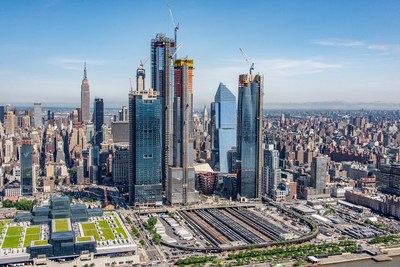 View of New York's skyline and the Hudson Yards area. The site will include more than 18 million square feet of commercial and residential space, state-of-the-art office towers, more than 100 shops and approximately 4,000 residences, commercial and high-rise office space/ Credits: RELATED (PRNewsfoto/thyssenkrupp elevator AG)