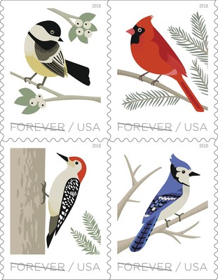 Birds in Winter Forever stamps feature four of winter's winged beauties ? the black-capped chickadee, a northern cardinal, a blue jay and a red-bellied woodpecker.