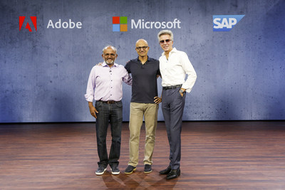 Shantanu Narayen, CEO, Adobe (left), Satya Nadella, CEO of Microsoft (center), and Bill McDermott, CEO of SAP (right), introduced the Open Data Initiative at the Microsoft Ignite conference.