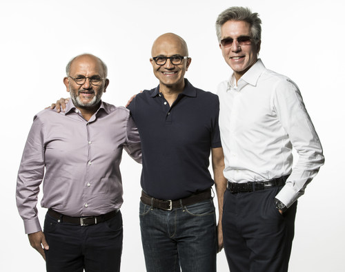Shantanu Narayen, CEO, Adobe (left), Satya Nadella, CEO of Microsoft (center), and Bill McDermott, CEO of SAP (right), introduced the Open Data Initiative at the Microsoft Ignite conference.