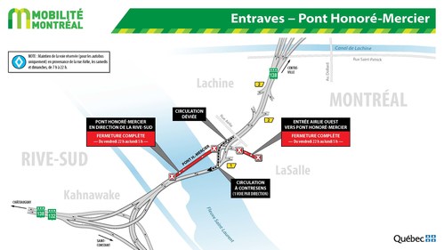 Pont Honoré-Mercier - Fermetures partielles de fins de semaine – Automne 2018 (Groupe CNW/Ministère des Transports, de la Mobilité durable et de l'Électrification des transports)