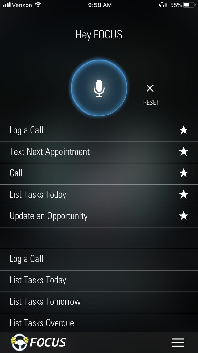 Over 35 commands are available by voice or touch. The five most frequently used are at the top for convenience.