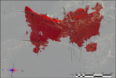 Figure 2. Underground-only Scenario – Applying >=0.18% CoEq (red) Inferred resources as an underground only scenario. Diamond drill holes are shown in black. Topographic surface is shown for reference. View is azimuth 175 deg. and dip -33 deg. (CNW Group/First Cobalt Corp.)