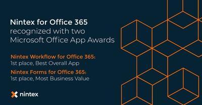 Microsoft presented Nintex with two 2018 Office App Awards recognizing the business value and overall impact of Nintex for Office 365. Learn more at Nintex.com.