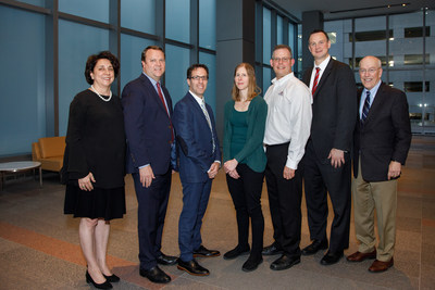 A total of $150K was awarded to six pediatric cardiovascular innovations during the medical device pitch competition at the 6th Annual Pediatric Device Innovation Symposium hosted by Children's National Health System.  Award winners with Children's National Vice President Kolaleh Eskandanian (far left) and CEO Kurt Newman, M.D., (far right) include:  Ken Nelson, Bardy Diagnostics; Henri Justino, MD, PolyVascular Corp.; Corin Williams, Draper; Doug Vincent, VentriFlo; and Joshua Woolley, NuPulseCV. PECA Labs, not pictured, was also an award recipient. Photo credit: Paul Loftland Photography