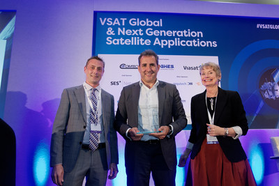 Speedcast CEO PJ Beylier accepts the award for Service Provider of the Year at the VSAT Stellar Awards 2018 in London.