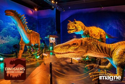 Dinosaurs Around the World represents the next generation of traveling dinosaur exhibitions. The exhibition features 13 advanced animatronic dinosaurs, educational activities, a touchable fossil, authentic casts, an optional stationary dinosaur ride, and immersive design elements. Accented by a multi-layered narrative, Dinosaurs Around the World brings the world of Pangea to life like never before.  Dinosaurs Around the World is produced by Imagine Exhibitions.