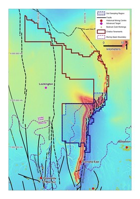 Figure 2. Location of EL6738 showing area of soil geochemical sampling over regional aeromagnetic image (CNW Group/Chalice Gold Mines Limited)