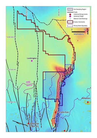 Figure 2. Location of EL6738 showing area of soil geochemical sampling over regional aeromagnetic image (CNW Group/Chalice Gold Mines Limited)