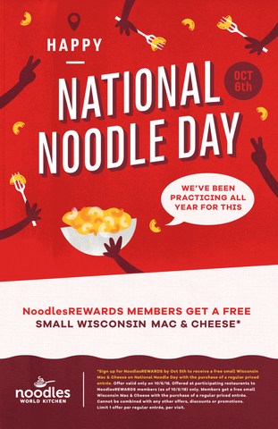 Noodles & Company celebrates National Noodle Day on Oct. 6 with FREE Wisconsin Mac & Cheese.