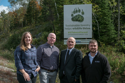 To mark National Forest Week, representatives of Domtar Inc., EACOM Timber Corporation and Forests Ontario gathered in Northeastern Ontario to unveil a new billboard as part of the province-wide It Takes A Forest initiative. Stephanie Parzei, Forest Environmental Management Coordinator, EACOM Timber Corporation ǀ Mike Furniss, Superintendent of Fibre Procurement, Domtar Inc. ǀ Les Gamble, Mayor, Township of Sables-Spanish Rivers ǀ Scott Jackson, Director of Indigenous/Stakeholder Relations. (CNW Group/Forests Ontario)