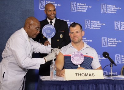 Joe Thomas, former Cleveland Browns NFL player & 2006 Outland Trophy Winner, leads by example by getting vaccinated against influenza at the 2018 National Foundation for Infectious Diseases (NFID) Influenza/Pneumococcal News Conference. The Centers for Disease Control & Prevention (CDC) recommends that everyone age 6 months and older get vaccinated against influenza each year. Thomas is NFID Flu Ambassador.