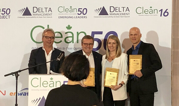 Eric Beckwitt, Freightera CEO, at the Clean50 Awards ceremony with the other winners in Manufacturing and Transportation category: Mario Plourde, CEO of Cascades, and Sarah Buckle, Director of Enterprise Risk and Sustainability at Translink. Clean50 CEO Gavin Pitchford presents the awards.