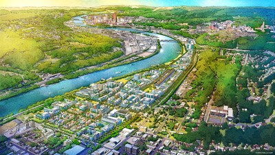 Illustrative aerial of Hazelwood Green development in Pittsburgh, PA (copyright Depiction LLC 2018, courtesy of Almono LLC