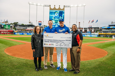 (From L to R): Stacia Almquist, VP at Sun Life; Ben Aken, Royals VP of Community Relations; Brad Keller, Royals pitcher; presenting $20,000 from #StrikeoutDiabetes campaign to Charles Brown, Executive Director for American Diabetes Association in Kansas City.
