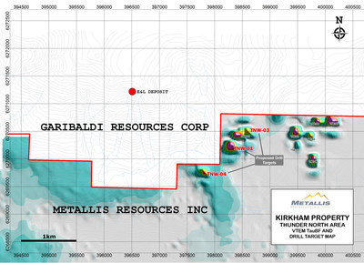 Metallis Resources Inc
Kirkham Property 
Thunder North Area 
VTEM TauBF and Drill Target Map (CNW Group/Metallis Resources Inc.)