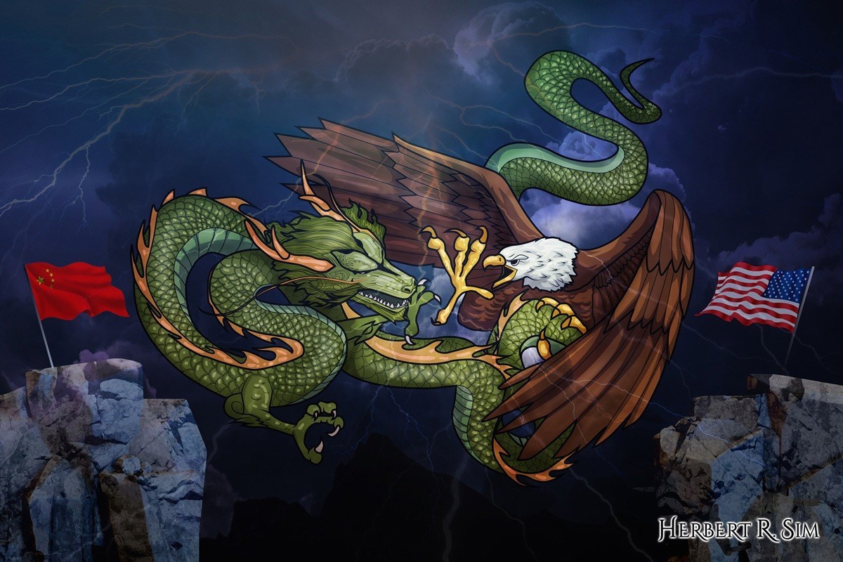 Illustration by Herbert R. Sim, depicting the epic battle between two giants, the Great Chinese Dragon and the Great American Eagle; featuring the flags of the two global superpowers China and United States of America.