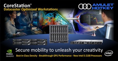 Three powerful data center optimized workstations enable secure mobility to reinvent workflows and unleash creativity. A unique blade workstation combines NVIDIA Quadro GPUs with Dell EMC PowerEdge FC640 to handle evolving workloads with the efficiency of blades and the cost benefits of rack-based systems. New GPUs based on NVIDIA Quadro P5000 GPU deliver break-through performance. The CoreStation WR3930 based on the Dell Precision 3930 is the world's fastest workstation. (CNW Group/Amulet Hotkey Ltd.)