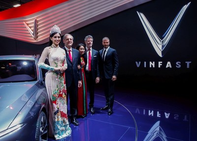 David Beckham joined new Vietnamese car brand, VinFast, at the Paris Motor Show for the official unveiling of its first two cars.