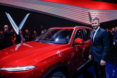 David Beckham joined new Vietnamese car brand, VinFast, at the Paris Motor Show for the official unveiling of its first two cars.