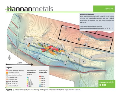 Figure 1 Kilbricken Prospect, plan view showing drill targets at Ballyhickey with depth to target shown in countours. (CNW Group/Hannan Metals Ltd.)