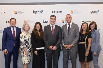 Announcing the Accelerator (L-R):  Brian Gragnolati, President & CEO, Atlantic Health System;  Deborah Hartel, Deputy Commissioner, State of New Jersey Department of Health; Tess Burleson, COO, TGen; Eric Whitman, MD, Medical Director, Atlantic Health System Cancer Care; Cosmo Smith, Managing Partner, Origin Commercial Ventures; Trish O’Keefe, President, Morristown Medical Center; and Lydia Nadeau, Director, Oncology Service Line, Atlantic Health System Cancer Care.