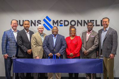 Burns & McDonnell moved to a new office in Chattanooga to accommodate plans for doubling in size within the next five years. The firm commemorated the office opening with a ribbon cutting. Pictured from left: Joe Leggio (Burns & McDonnell vice president), Anthony Byrd (Chattanooga City Councilman, District 8), Jim Hogan (Burns & McDonnell senior vice president), Marlin Gines (Burns & McDonnell Chattanooga office manager), Demetrus Coonrod (Chattanooga City Councilwoman, District 9) Oko Buckle (Burns & McDonnell vice president) and John Olander (Burns & McDonnell president).