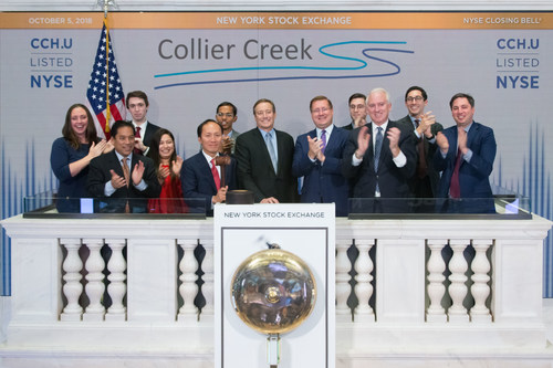 The founders of Collier Creek Holdings (NYSE: CCH.U), along with other members of CC Capital Management, rang the closing bell at The New York Stock Exchange on Friday, October 5, 2018. From left to right: Chinh E. Chu, Senior Managing Director and Founder of CC Capital, Roger K. Deromedi, Non-Executive Chairman of the Board of Directors of Pinnacle Foods, Inc. and former Chief Executive Officer of Kraft Foods, Inc., and Jason K. Giordano, Senior Managing Director of CC Capital. (Photo: NYSE)