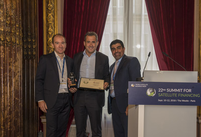 Speedcast CEO PJ Beylier and Carnival's VP of Global Connectivity, Reza Rasoulian, accepting the 2018 Smartship of the Year Award in Paris.