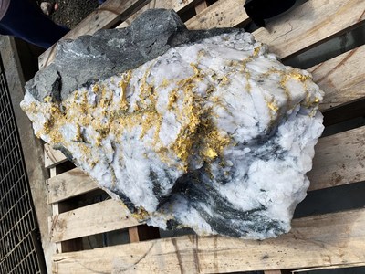 Figure 1: Estimated 90 kg gold specimen slab from the Father's Day Vein, recovered from the current air leg heading face (drive), gold in quartz veining with pyritic sediments on upper right side. (CNW Group/RNC Minerals)