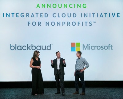 (l-r) Mary Beth Westmoreland, chief technology officer at Blackbaud,  Justin Spelhaug, general manager, Microsoft Tech for Social Impact, and Jay Odell, president and general manager, Blackbaud Nonprofit Solutions, on stage at #bbcon in Orlando, Fla.