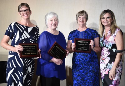 Left to right:  Dr. Susan Watkins, Dr. Yvonne Vizzier Thaxton, and Dr. Joy Mench each receive the Humane Hero Award from American Humane President and CEO Dr. Robin Ganzert for their significant contributions towards improving farm animal welfare.