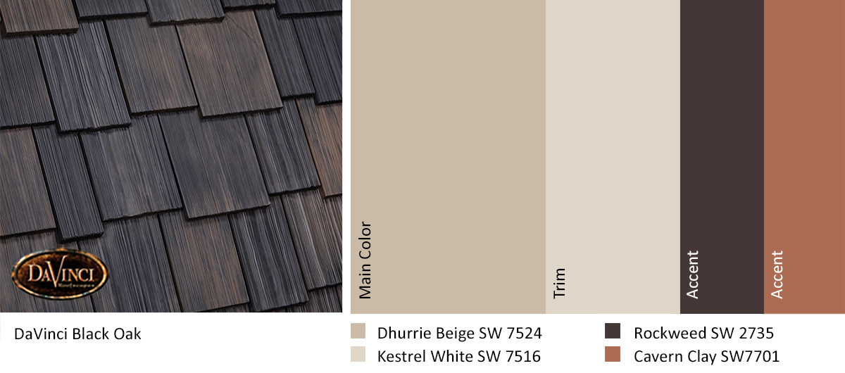 One of the "Connect" color trends for 2019 --- Cavern Clay --- can be used as a home exterior accent color to complement DaVinci Roofscapes composite shake shingles in Black Oak.