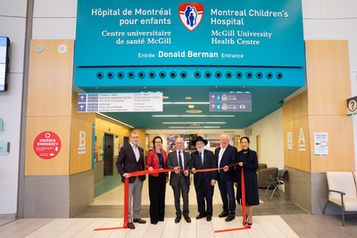 Jonathan Amiel, Chair of the Montreal Children's Hospital Foundation (MCHF) Board of Directors, Martine Alfonso, Associate President and Executive Director of the McGill University Health Centre, Neil Stein, David Muller, Jeff Robillard, Directors of the Donald Berman Foundation and Rene Vzina, MCHF President, in front of the Donald Berman Entrance, named in recognition of the Donald Berman Foundation's 5 million dollar gift. (CNW Group/The Montreal Children's Hospital Foundation)