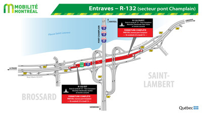 Entraves – R-132 (secteur pont Champlain) (Groupe CNW/Ministère des Transports, de la Mobilité durable et de l'Électrification des transports)
