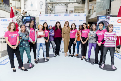 Plan International Canada Global Ambassador Sophie Grégoire Trudeau, Caroline Riseboro, President & CEO of Plan International Canada, and Girl Ambassadors celebrate alongside International Day of the Girl statues at the CF Toronto Eaton Centre. From left to right: Elyssa (15), Nidusha (20), Aloka (17), Caroline Riseboro, Sophie Grégoire Trudeau, Maitland (20), Rima (18), Lillian (18). (Josh Fee/Plan International Canada) (CNW Group/Plan International Canada)