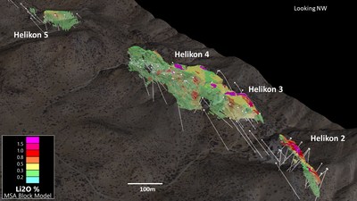 Figure 5. 3D View of Helikon 2 - 5 (0.2% Li2O cutoff) (CNW Group/Desert Lion Energy)