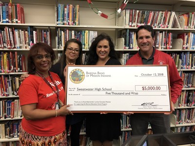 Sweetwater High School Awarded $5,000 Barona Education Grant 
for School Library Equipment. Pictured: Barona Tribal Councilwoman Melissa Donayre, California State Assemblywoman Lorena Gonzalez Fletcher, Assistant Principal Dan Kracha and library media teacher Barbara Chappell-Brown.
