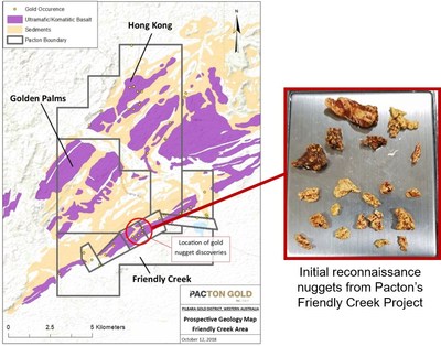 Figure 2. Friendly Creek and adjacent Pacton tenements. Mineralized Mesoarchean basal unit, Western Australia MINEDEX gold occurrences, and location of recent gold nugget discoveries (circle). (CNW Group/Pacton Gold Inc.)