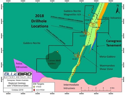 Figure 1: Canegrass Property ? Regional Geology with VTEMtm Anomalies (CNW Group/Bluebird Battery Metals)