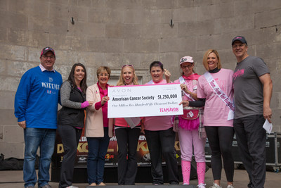 Scott White, Chief Executive Officer, New Avon LLC and Avon Representatives Lynn Huber, Fran Gruen and Ann Fritz present Avon's donation of $1.25 million to Susan Petre, Howard Byck, Chloe Lipman and Cara Newby of the American Cancer Society. Pictured left to right: Howard Byck, Cara Newby, Susan Petre, Chloe Lipman, Lynn Huber, Fran Gruen, Ann Fritz, Scott White.